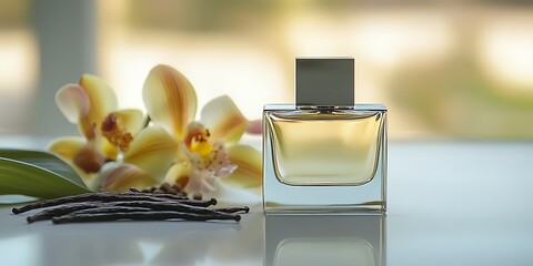 A bottle of perfume with an elegant, square glass body, filled to the brim and centered on a surface surrounded by exotic flowers like plumeria or jasmine, and scattered gemstones and vanilla beans. 