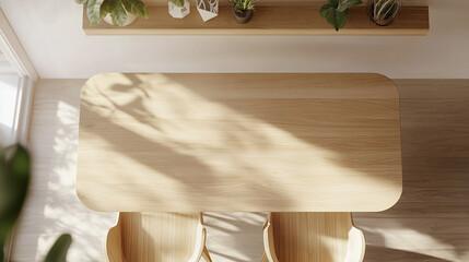 Minimalist Light Wood Dining Table with Sunlight and Plants