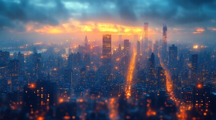 Obraz premium Cityscape at sunset, glowing lights, urban sprawl.