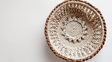 A unique, macrame basket, eclectic style, isolated on a white background, top view