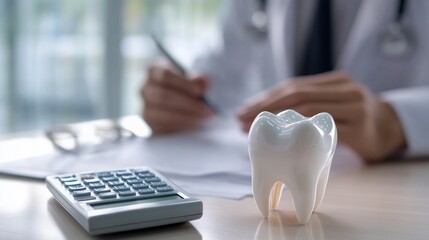 A dental professional writing notes with a tooth model and calculator nearby.