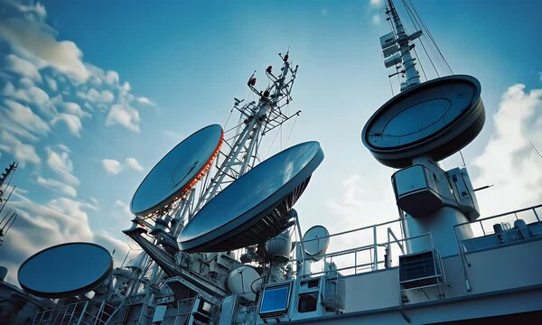 A collection of satellite dishes and communication equipment against a blue sky.