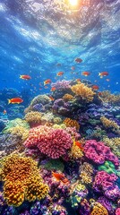 A vibrant underwater scene showcases a diverse coral reef filled with colorful corals and schools of tropical fish swimming above, illuminated by sunlight filtering through the water.