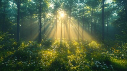 Obraz premium Sunbeams illuminate misty forest, wildflowers.