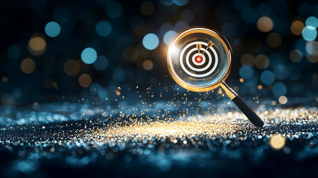 Captivating Magnifying Glass Reflecting a Target Amidst Sparkling Bokeh Background Creating a Dreamlike Atmosphere