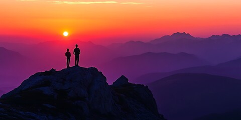 Couple Silhouetted Against a Vibrant Sunset Over Mountains