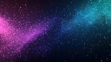 Abstract background with pink and blue glowing particles on dark background.