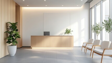 Fototapeta premium Modern minimalist office reception area; light wood desk, comfy chairs, and plants. Ideal for showcasing professional, calm, and welcoming business environments.