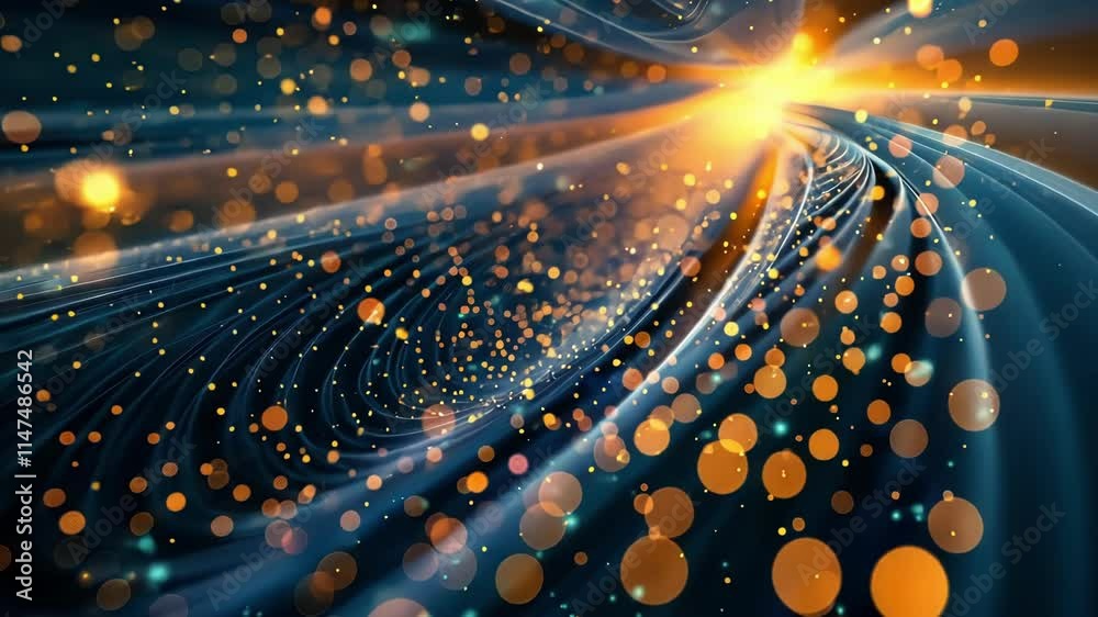 Poster golden particles flowing like a river in cyberspace, creating a big data visualization with an abstr