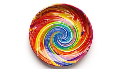 A vibrant, rainbow-colored plate with bright, swirling patterns, isolated on a white background, top view
