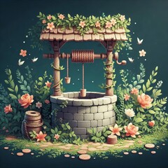Wishing Well A wishing well surrounded by flowers and vines with
