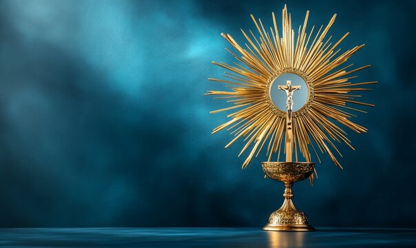 A golden monstrance with a crucifix, symbolizing religious devotion.