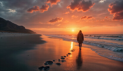 Fototapeta premium A lone woman walking on a deserted beach at sunset, her silhouette framed by the vast sky and ocean waves. The colors of the horizon evoke a sense of melancholy and solitude