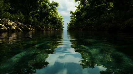 Obraz premium Crystal Clear Stream Surrounded by Verdant Forest