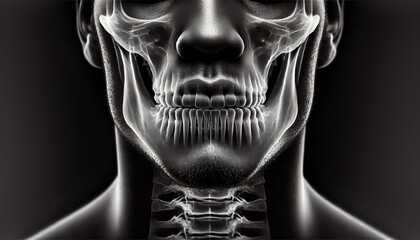 Fototapeta premium An X-ray image of the human chin showing the bone density, jawline connection, and mandibular angle for diagnostic and educational purposes.