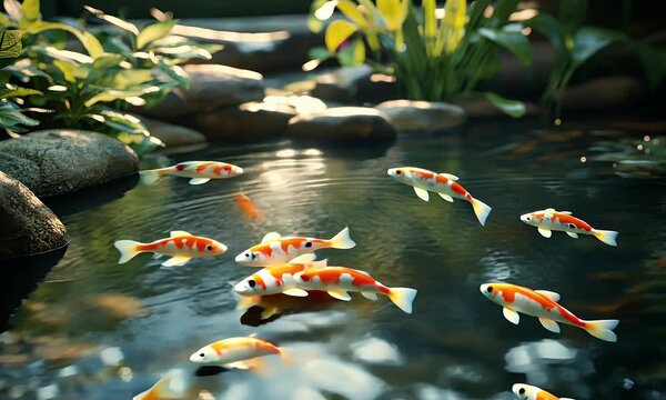 A serene pond scene with koi fish swimming among rocks and lush greenery.