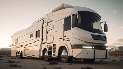 Futuristic white RV parked in desert at sunset.