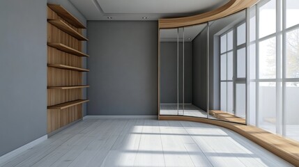 Obraz premium Modern empty room with wooden shelves, curved mirror, and large window.