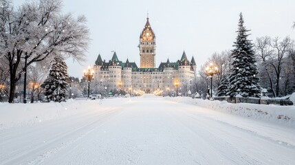 Obraz premium Historic chateau-style building illuminated at dusk with a snow-covered avenue and frosted trees in winter.