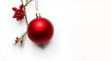 Red Christmas Ornament Hanging From Fir Branch Winter Decoration White Background