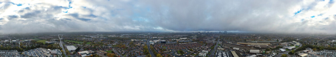 Aerial High Resolution Panoramic View of Manchester City During Autumn Season and Cloudy Day over England Great Britain. High Angle Drone's Camera Footage was Captured on October 29th, 2024