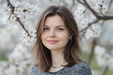 Little bird perching on branch with white flowers of blossom cherry tree. The blue tit. Spring background 