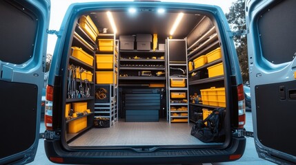 The back of a work van is fully equipped with shelves, bins, and drawers. It's ready for the day's work.
