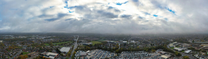 Aerial High Resolution Panoramic View of Manchester City During Autumn Season and Cloudy Day over England Great Britain. High Angle Drone's Camera Footage was Captured on October 29th, 2024