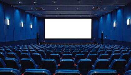 empty cinema hall with rows of blue chairs and a large white screen ready for movies or presentations