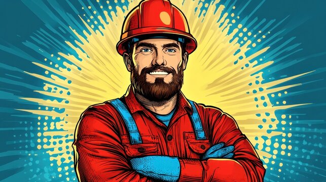 Portrait of a Smiling Construction Worker in Pop Art Style