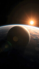 Realistic earth with sunrise from space, enhance, with white tones