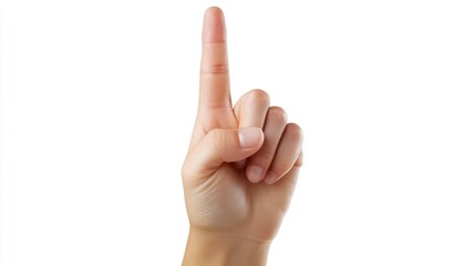 Close-up of a hand gesturing with index finger pointing up, isolated on white background.