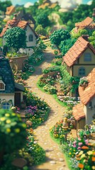 Fototapeta premium Charming village pathway lined with colorful flowers and cottages.