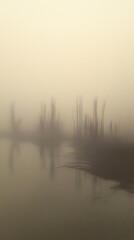Fototapeta premium Misty landscape with tranquil water and eerie silhouettes.