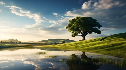 Serene sunset landscape with lone tree reflected in calm water.