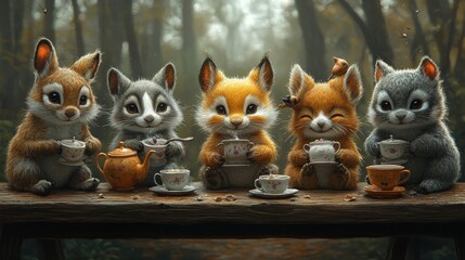 Fototapeta premium Five adorable squirrels enjoy tea party.
