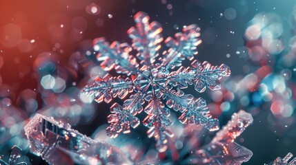 A close-up of a snowflake with shimmering details and a colorful blurred background.