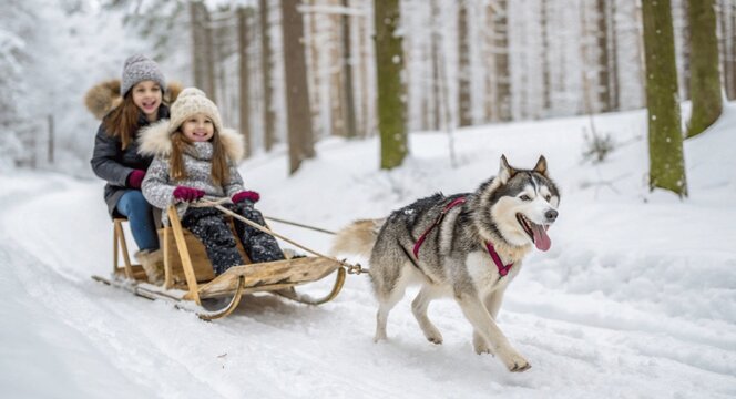 Husky dog pulling two young girls in snow