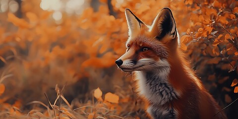 Red fox in the forest with orange leaves on background, animal wildlife photography, high resolution, high definition, high quality, professional color grading, soft shadows, no contrast