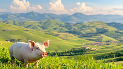 Picture of cute pig, pork, processed food, photograph or illustrator for advertising