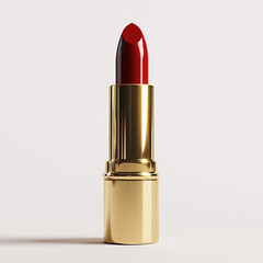 Elegant gold lipstick case with rich, smooth red lipstick, standing upright on clean white background, exuding luxury and sophistication