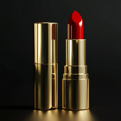 Obraz premium luxurious gold lipstick case with vibrant red lipstick displayed against dark background, exuding elegance and sophistication
