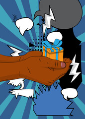 Cartoon, comic book human hands holding Gift Box. Retro vector comics pop art design.