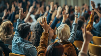 A diverse group of people raising hands, likely participating in a discussion or vote.