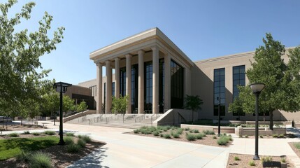 Fototapeta premium Courthouse building exterior view with classical architecture and flagpole, symbolizing justice, authority, and public trust in legal systems.
