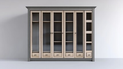 Gray and wood cabinet with glass doors and shelves.