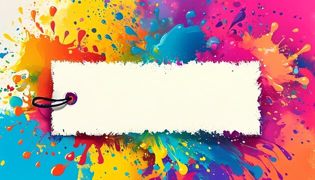 Creative blank label tag design with colorful paint splashes artistic background digital artwork vibrant environment eye-catching concept