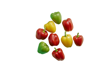 A group of fresh bell peppers in red, yellow, and green, isolated on a light green background, vibrant and sharp.