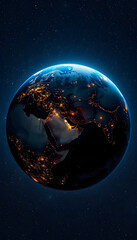 Naklejka premium Amazing night planet Earth with Europe, Africa and Eastern countries with bright night city lights in starry space. Megacities and light view from space, with white tones