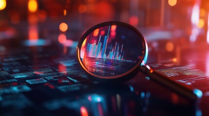 Magnifying glass over stock market data displayed on a tablet, showing financial analysis and investment.